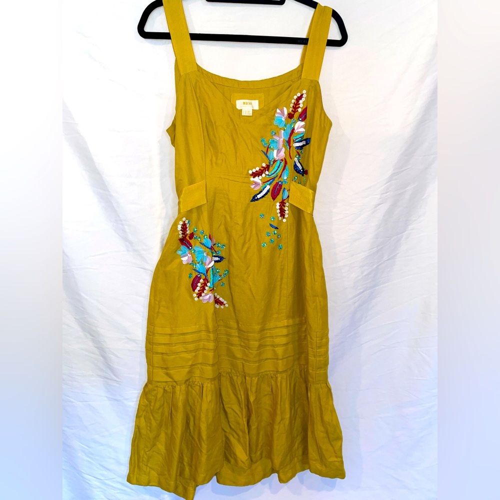 Anthropologie Maeve Size 12 Mustard Yellow Embellished Dress